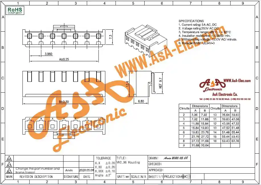 کانکتور پاور قفلدار 3.96 میلیمتر 10 پین مادگی سفید VH