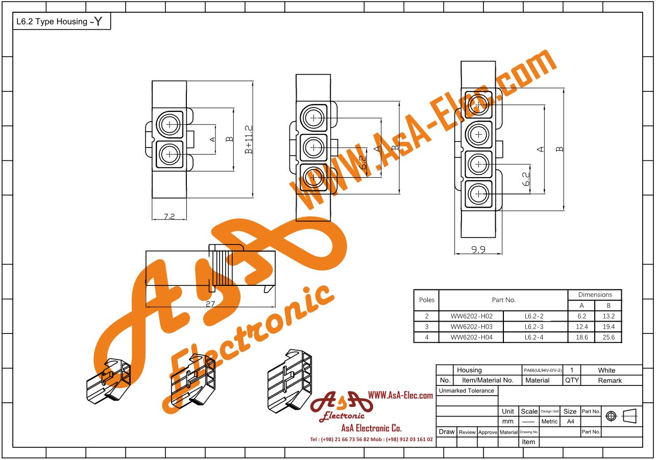 کانکتور 2*1 پین مادگی L6.2MM