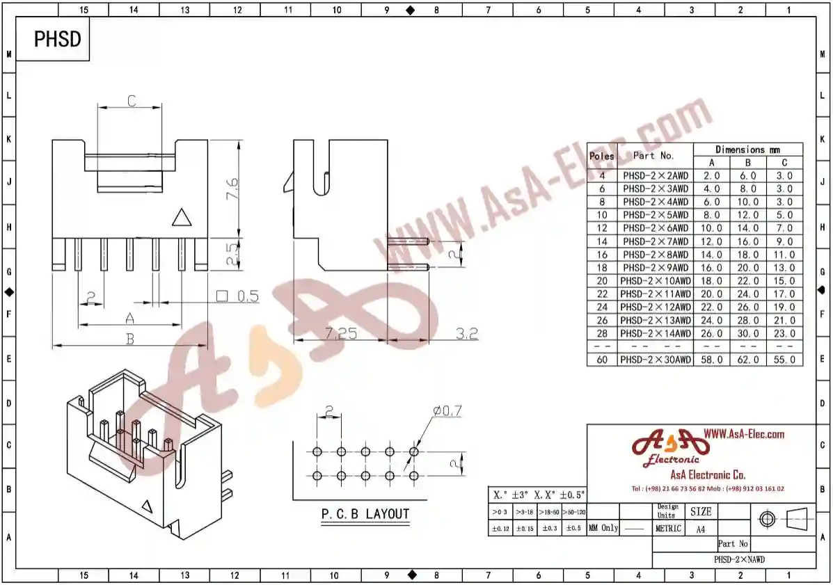 کانکتور مینیاتوری 2 میلی متر دو ردیفه قفلدار 10 پین نر رایت سفید PHSD