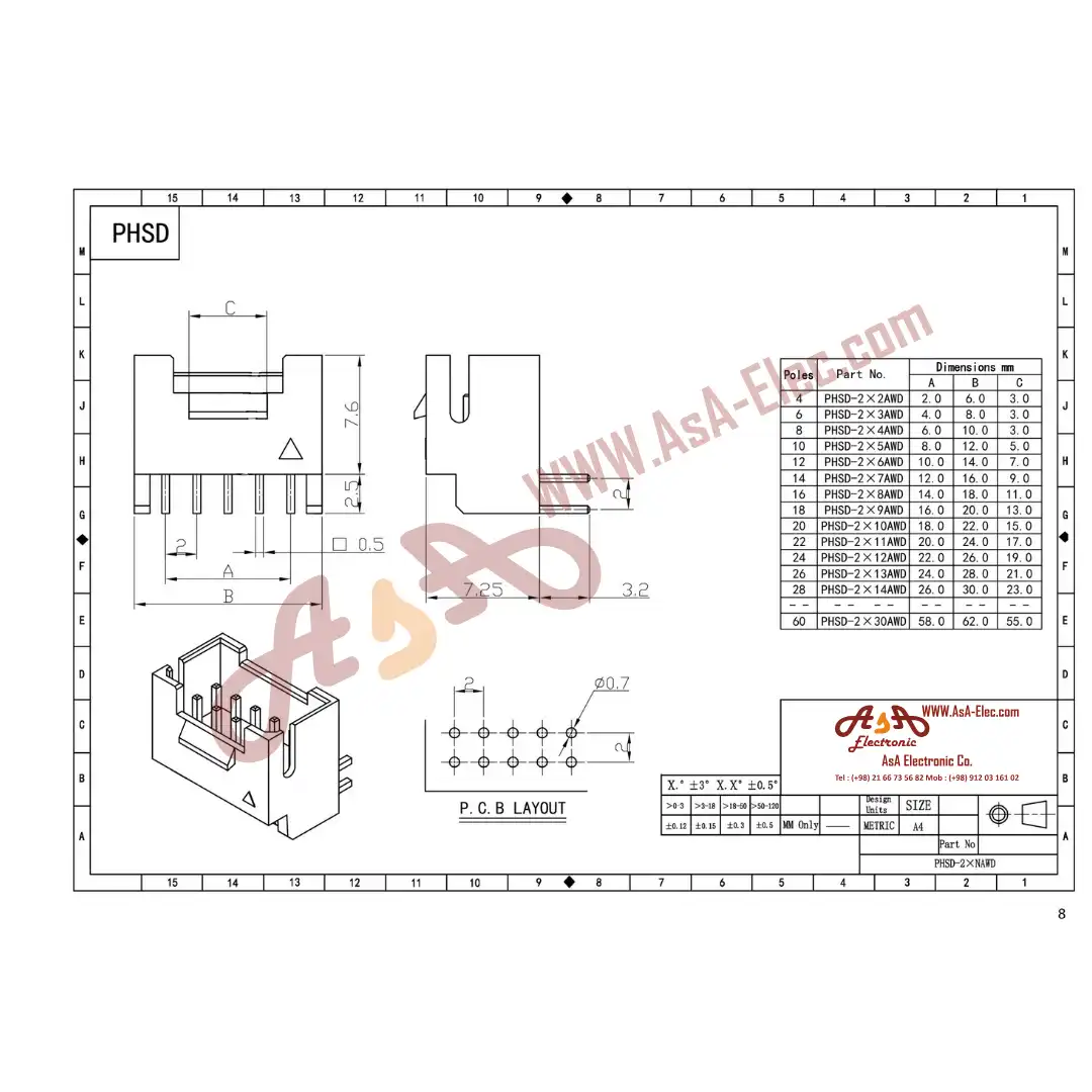 کانکتور مینیاتوری 2 میلی متر دو ردیفه قفلدار 10 پین نر رایت سفید PHSD